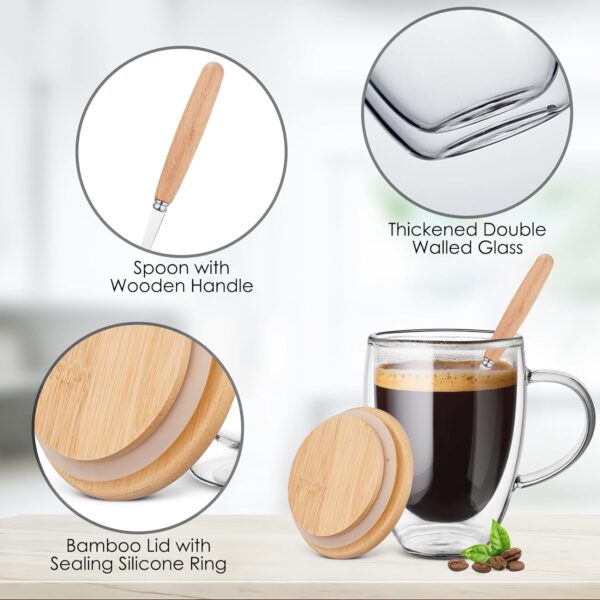 Bossjoy 4 Pack Glass Coffee Mugs with Bamboo Lid/Spoon - Image 3