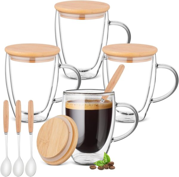 Bossjoy 4 Pack Glass Coffee Mugs with Bamboo Lid/Spoon